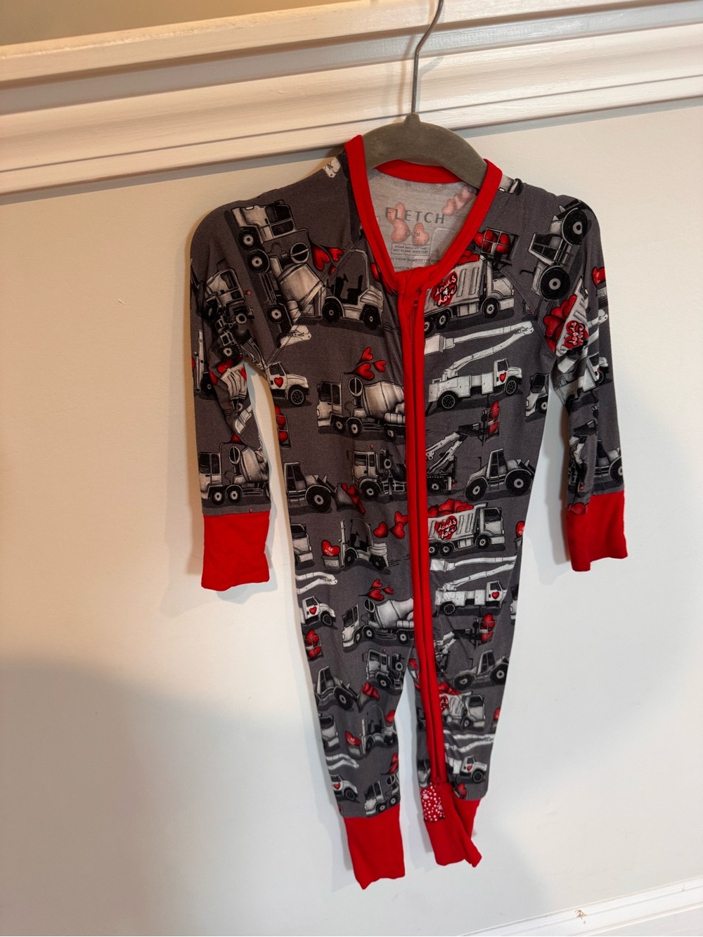 Gray and Red Truck Print Kids Footed One-Piece Pajama - Front Zip
